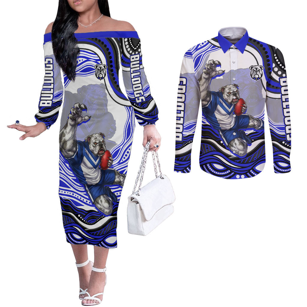 Personalized Canterbury Bankstown Bulldogs Couples Matching Off The Shoulder Long Sleeve Dress and Long Sleeve Button Shirt Aboriginal Dot Art - Dreamtime Rugby Mascot