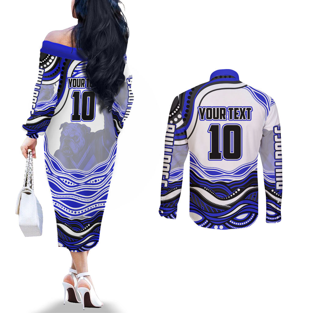 Personalized Canterbury Bankstown Bulldogs Couples Matching Off The Shoulder Long Sleeve Dress and Long Sleeve Button Shirt Aboriginal Dot Art - Dreamtime Rugby Mascot