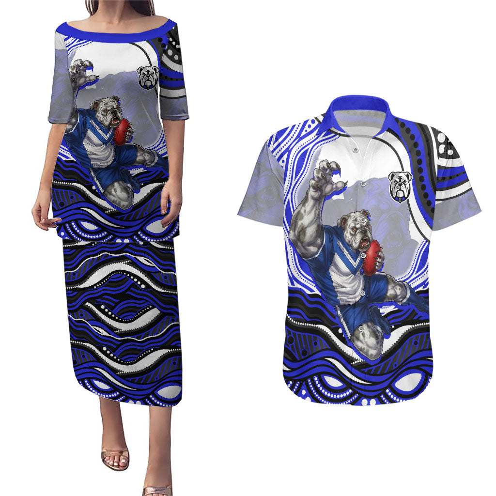 Personalized Canterbury Bankstown Bulldogs Couples Matching Puletasi and Hawaiian Shirt Aboriginal Dot Art - Dreamtime Rugby Mascot