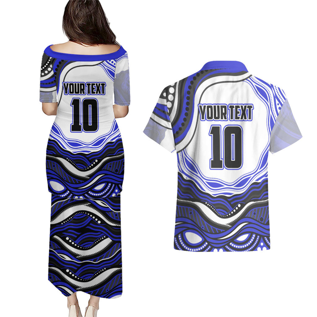 Personalized Canterbury Bankstown Bulldogs Couples Matching Puletasi and Hawaiian Shirt Aboriginal Dot Art - Dreamtime Rugby Mascot