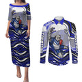 Personalized Canterbury Bankstown Bulldogs Couples Matching Puletasi and Long Sleeve Button Shirt Aboriginal Dot Art - Dreamtime Rugby Mascot
