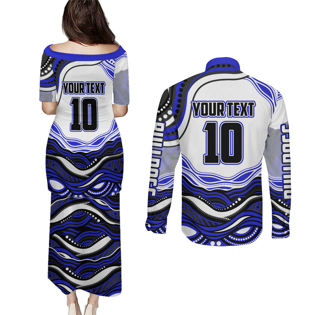 Personalized Canterbury Bankstown Bulldogs Couples Matching Puletasi and Long Sleeve Button Shirt Aboriginal Dot Art - Dreamtime Rugby Mascot
