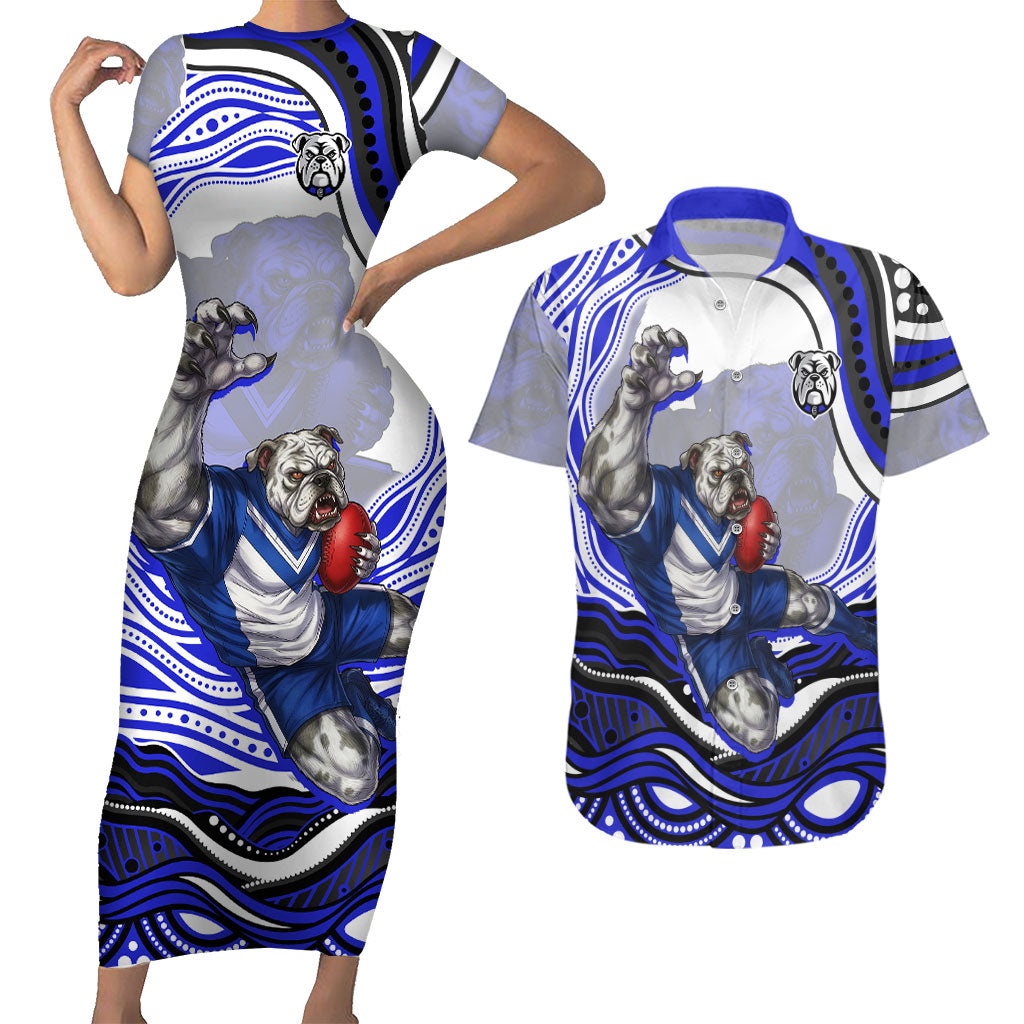 Personalized Canterbury Bankstown Bulldogs Couples Matching Short Sleeve Bodycon Dress and Hawaiian Shirt Aboriginal Dot Art - Dreamtime Rugby Mascot