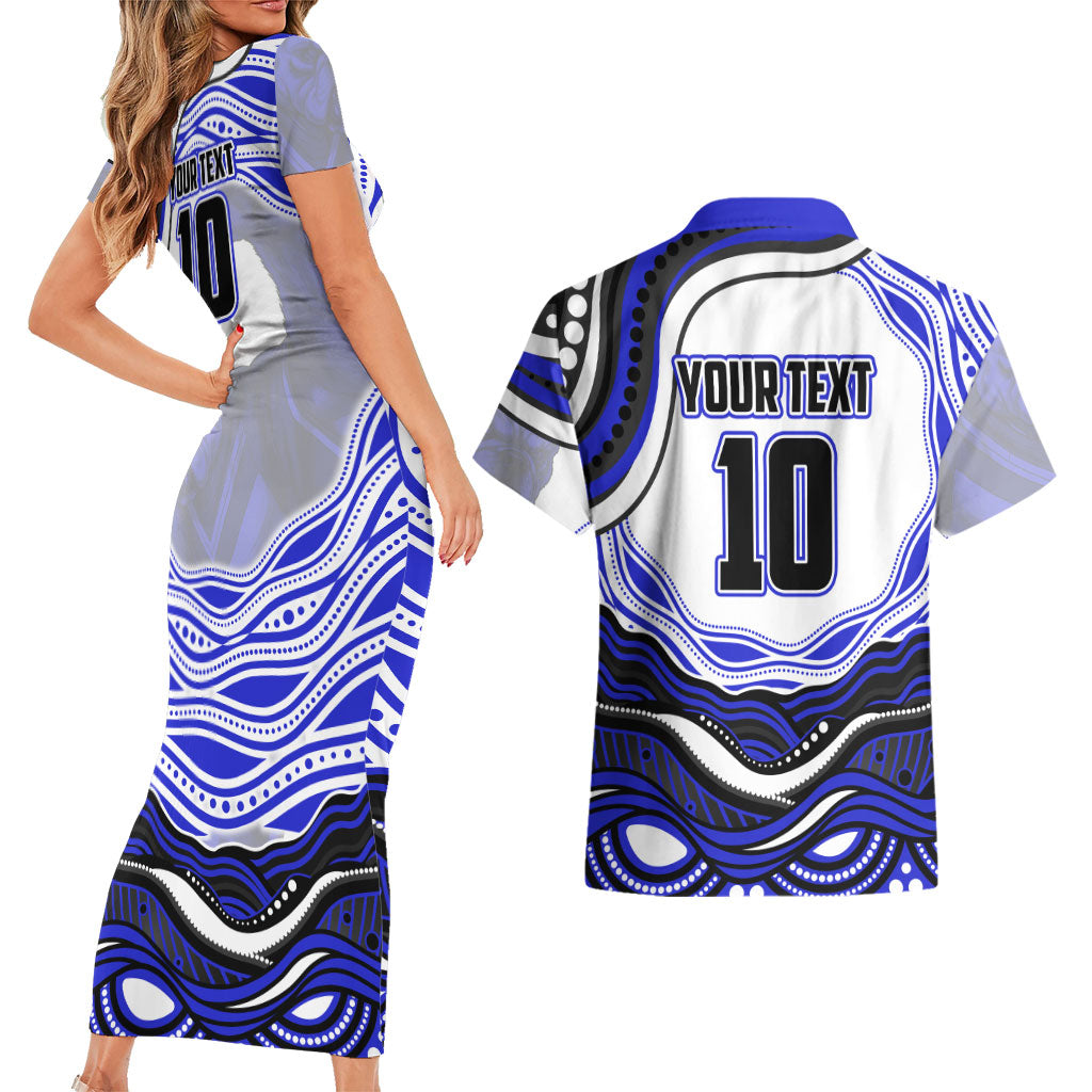 Personalized Canterbury Bankstown Bulldogs Couples Matching Short Sleeve Bodycon Dress and Hawaiian Shirt Aboriginal Dot Art - Dreamtime Rugby Mascot
