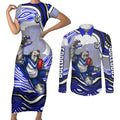 Personalized Canterbury Bankstown Bulldogs Couples Matching Short Sleeve Bodycon Dress and Long Sleeve Button Shirt Aboriginal Dot Art - Dreamtime Rugby Mascot