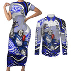 Personalized Canterbury Bankstown Bulldogs Couples Matching Short Sleeve Bodycon Dress and Long Sleeve Button Shirt Aboriginal Dot Art - Dreamtime Rugby Mascot