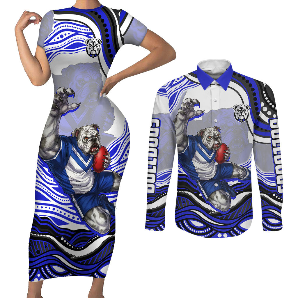 Personalized Canterbury Bankstown Bulldogs Couples Matching Short Sleeve Bodycon Dress and Long Sleeve Button Shirt Aboriginal Dot Art - Dreamtime Rugby Mascot