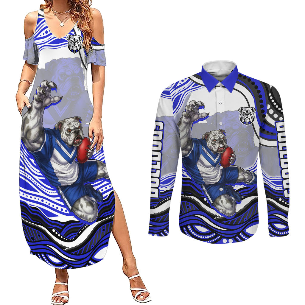 Personalized Canterbury Bankstown Bulldogs Couples Matching Summer Maxi Dress and Long Sleeve Button Shirt Aboriginal Dot Art - Dreamtime Rugby Mascot