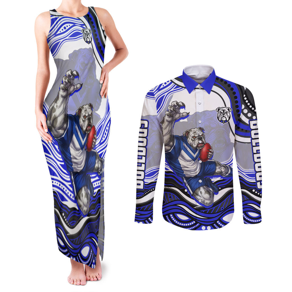 Personalized Canterbury Bankstown Bulldogs Couples Matching Tank Maxi Dress and Long Sleeve Button Shirt Aboriginal Dot Art - Dreamtime Rugby Mascot