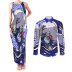Personalized Canterbury Bankstown Bulldogs Couples Matching Tank Maxi Dress and Long Sleeve Button Shirt Aboriginal Dot Art - Dreamtime Rugby Mascot
