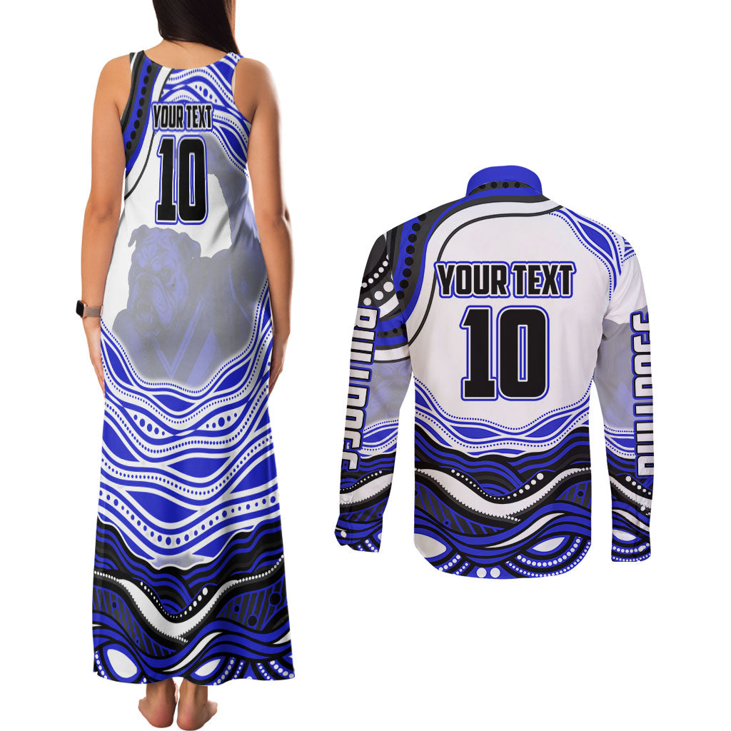 Personalized Canterbury Bankstown Bulldogs Couples Matching Tank Maxi Dress and Long Sleeve Button Shirt Aboriginal Dot Art - Dreamtime Rugby Mascot