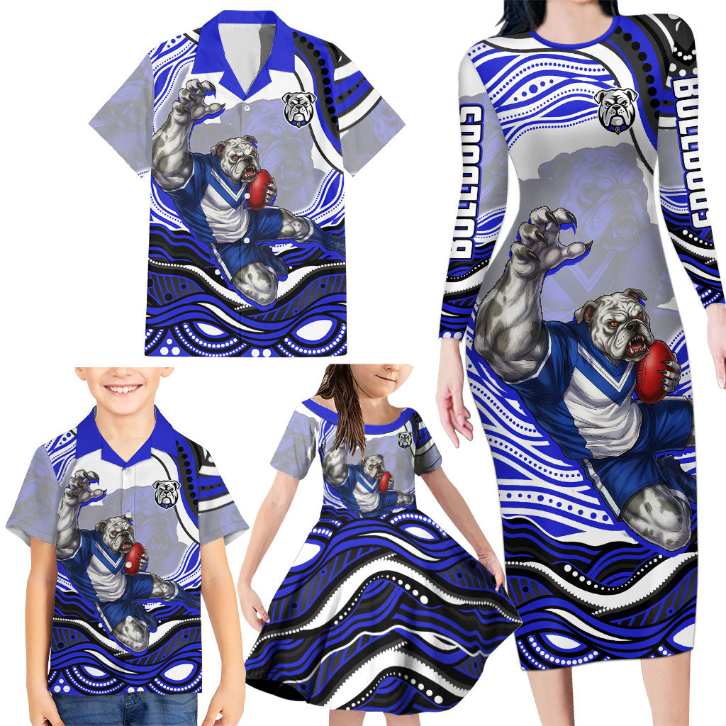 Personalized Canterbury Bankstown Bulldogs Family Matching Long Sleeve Bodycon Dress and Hawaiian Shirt Aboriginal Dot Art - Dreamtime Rugby Mascot