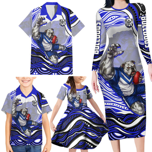 Personalized Canterbury Bankstown Bulldogs Family Matching Long Sleeve Bodycon Dress and Hawaiian Shirt Aboriginal Dot Art - Dreamtime Rugby Mascot