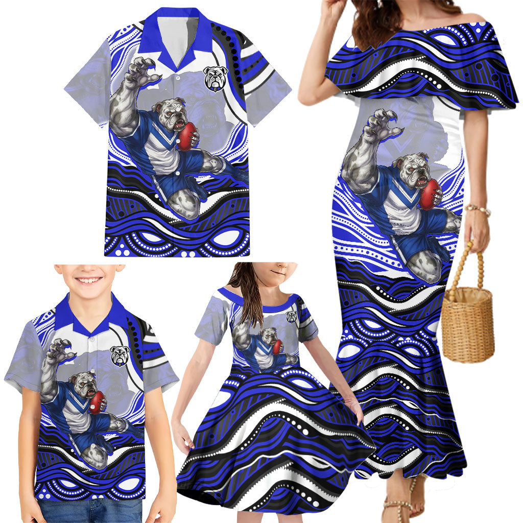 Personalized Canterbury Bankstown Bulldogs Family Matching Mermaid Dress and Hawaiian Shirt Aboriginal Dot Art - Dreamtime Rugby Mascot