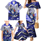 Personalized Canterbury Bankstown Bulldogs Family Matching Mermaid Dress and Hawaiian Shirt Aboriginal Dot Art - Dreamtime Rugby Mascot