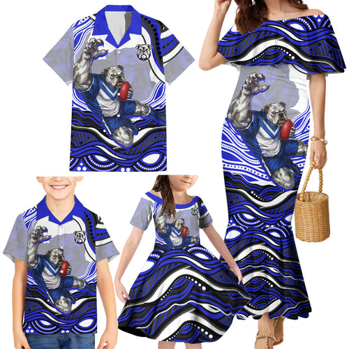 Personalized Canterbury Bankstown Bulldogs Family Matching Mermaid Dress and Hawaiian Shirt Aboriginal Dot Art - Dreamtime Rugby Mascot