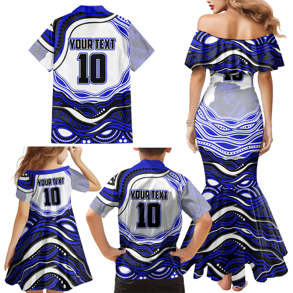 Personalized Canterbury Bankstown Bulldogs Family Matching Mermaid Dress and Hawaiian Shirt Aboriginal Dot Art - Dreamtime Rugby Mascot