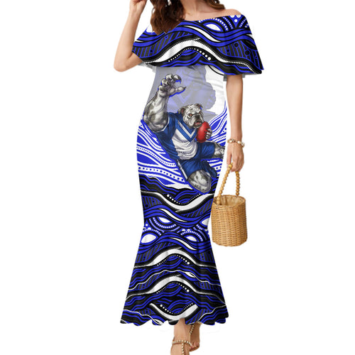 Personalized Canterbury Bankstown Bulldogs Family Matching Mermaid Dress and Hawaiian Shirt Aboriginal Dot Art - Dreamtime Rugby Mascot