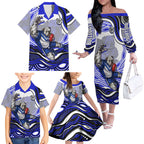 Personalized Canterbury Bankstown Bulldogs Family Matching Off The Shoulder Long Sleeve Dress and Hawaiian Shirt Aboriginal Dot Art - Dreamtime Rugby Mascot