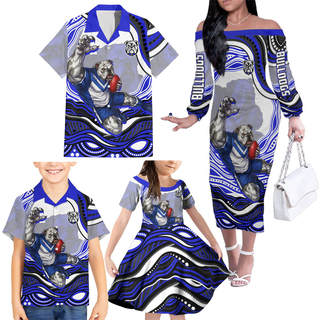 Personalized Canterbury Bankstown Bulldogs Family Matching Off The Shoulder Long Sleeve Dress and Hawaiian Shirt Aboriginal Dot Art - Dreamtime Rugby Mascot
