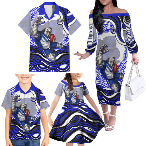 Personalized Canterbury Bankstown Bulldogs Family Matching Off The Shoulder Long Sleeve Dress and Hawaiian Shirt Aboriginal Dot Art - Dreamtime Rugby Mascot
