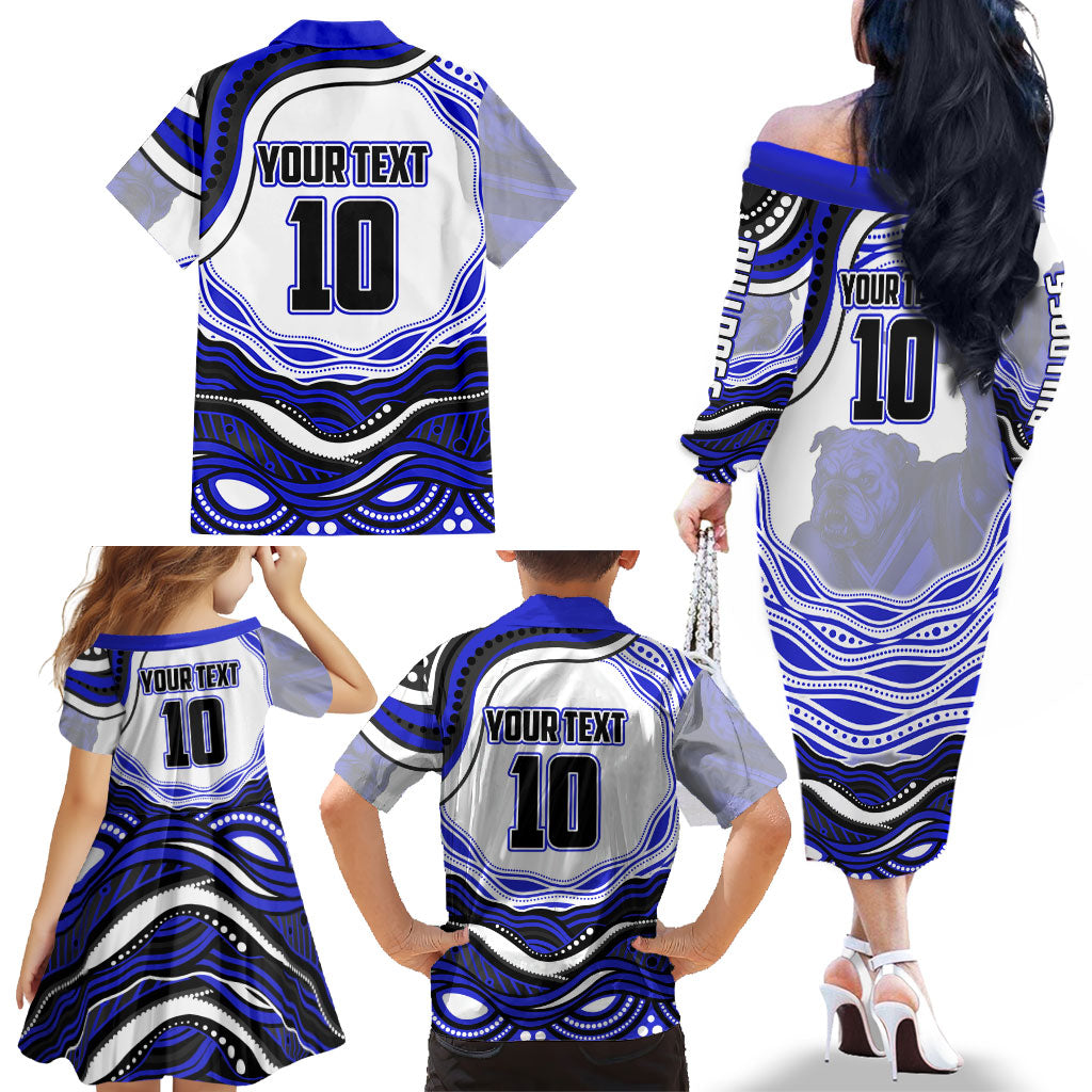 Personalized Canterbury Bankstown Bulldogs Family Matching Off The Shoulder Long Sleeve Dress and Hawaiian Shirt Aboriginal Dot Art - Dreamtime Rugby Mascot