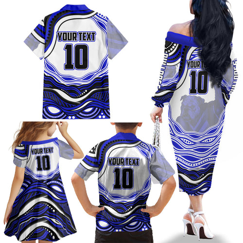 Personalized Canterbury Bankstown Bulldogs Family Matching Off The Shoulder Long Sleeve Dress and Hawaiian Shirt Aboriginal Dot Art - Dreamtime Rugby Mascot