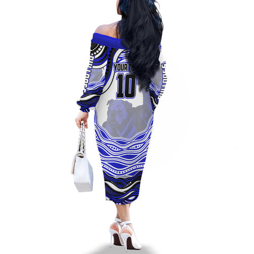 Personalized Canterbury Bankstown Bulldogs Family Matching Off The Shoulder Long Sleeve Dress and Hawaiian Shirt Aboriginal Dot Art - Dreamtime Rugby Mascot