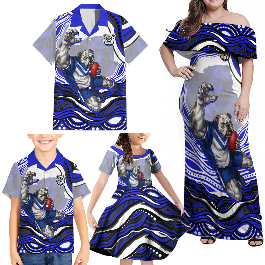 Personalized Canterbury Bankstown Bulldogs Family Matching Off Shoulder Maxi Dress and Hawaiian Shirt Aboriginal Dot Art - Dreamtime Rugby Mascot