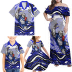 Personalized Canterbury Bankstown Bulldogs Family Matching Off Shoulder Maxi Dress and Hawaiian Shirt Aboriginal Dot Art - Dreamtime Rugby Mascot