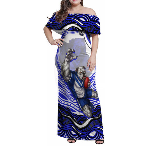 Personalized Canterbury Bankstown Bulldogs Family Matching Off Shoulder Maxi Dress and Hawaiian Shirt Aboriginal Dot Art - Dreamtime Rugby Mascot