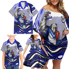 Personalized Canterbury Bankstown Bulldogs Family Matching Off Shoulder Short Dress and Hawaiian Shirt Aboriginal Dot Art - Dreamtime Rugby Mascot