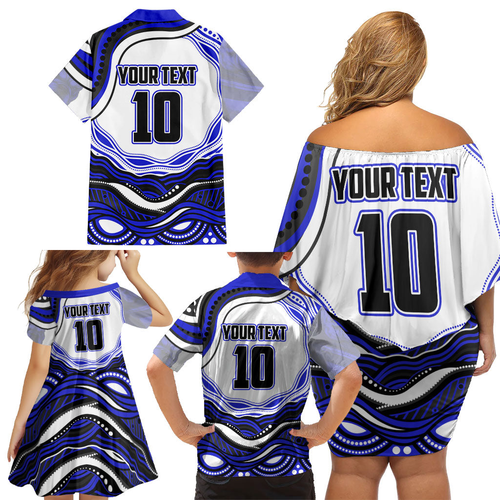 Personalized Canterbury Bankstown Bulldogs Family Matching Off Shoulder Short Dress and Hawaiian Shirt Aboriginal Dot Art - Dreamtime Rugby Mascot