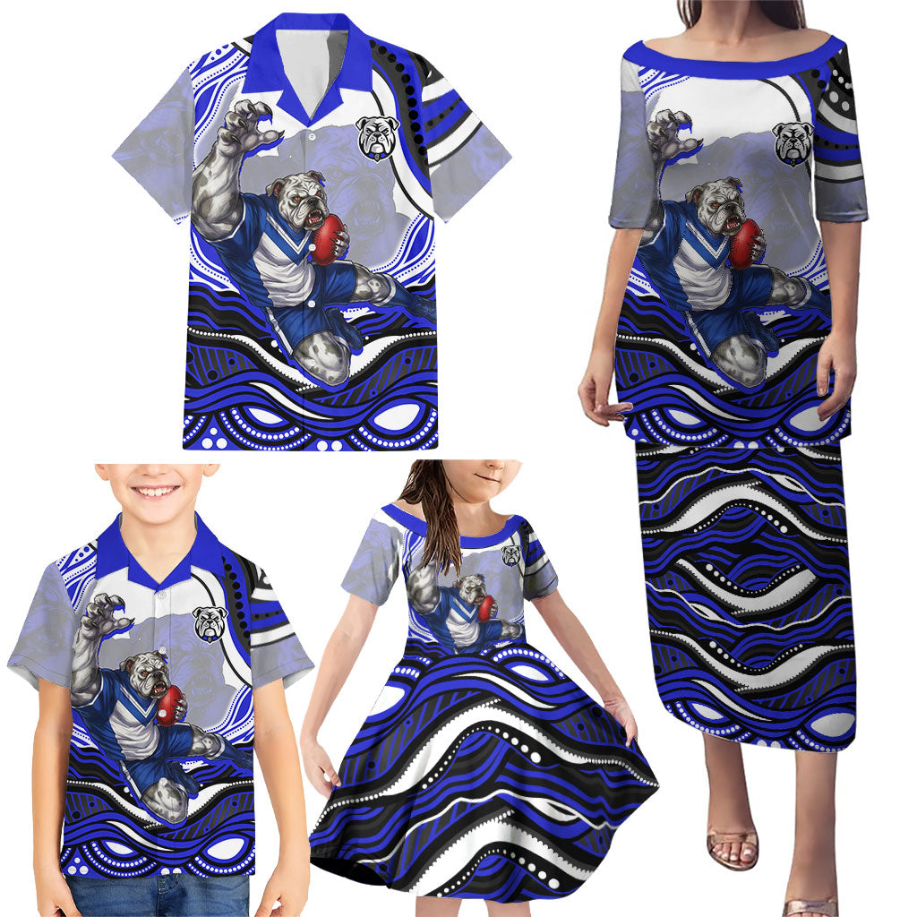 Personalized Canterbury Bankstown Bulldogs Family Matching Puletasi and Hawaiian Shirt Aboriginal Dot Art - Dreamtime Rugby Mascot