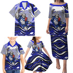 Personalized Canterbury Bankstown Bulldogs Family Matching Puletasi and Hawaiian Shirt Aboriginal Dot Art - Dreamtime Rugby Mascot