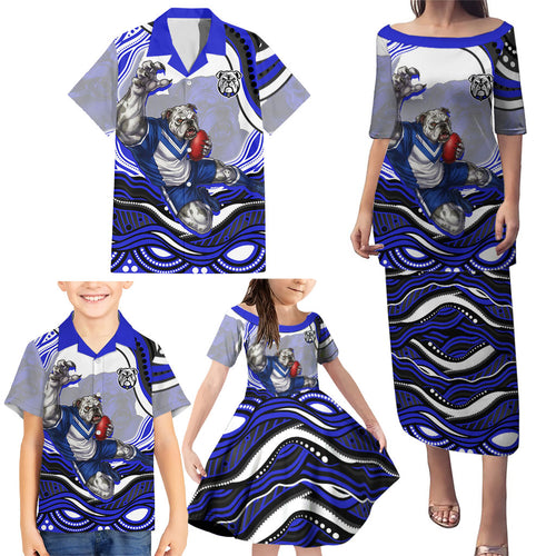 Personalized Canterbury Bankstown Bulldogs Family Matching Puletasi and Hawaiian Shirt Aboriginal Dot Art - Dreamtime Rugby Mascot
