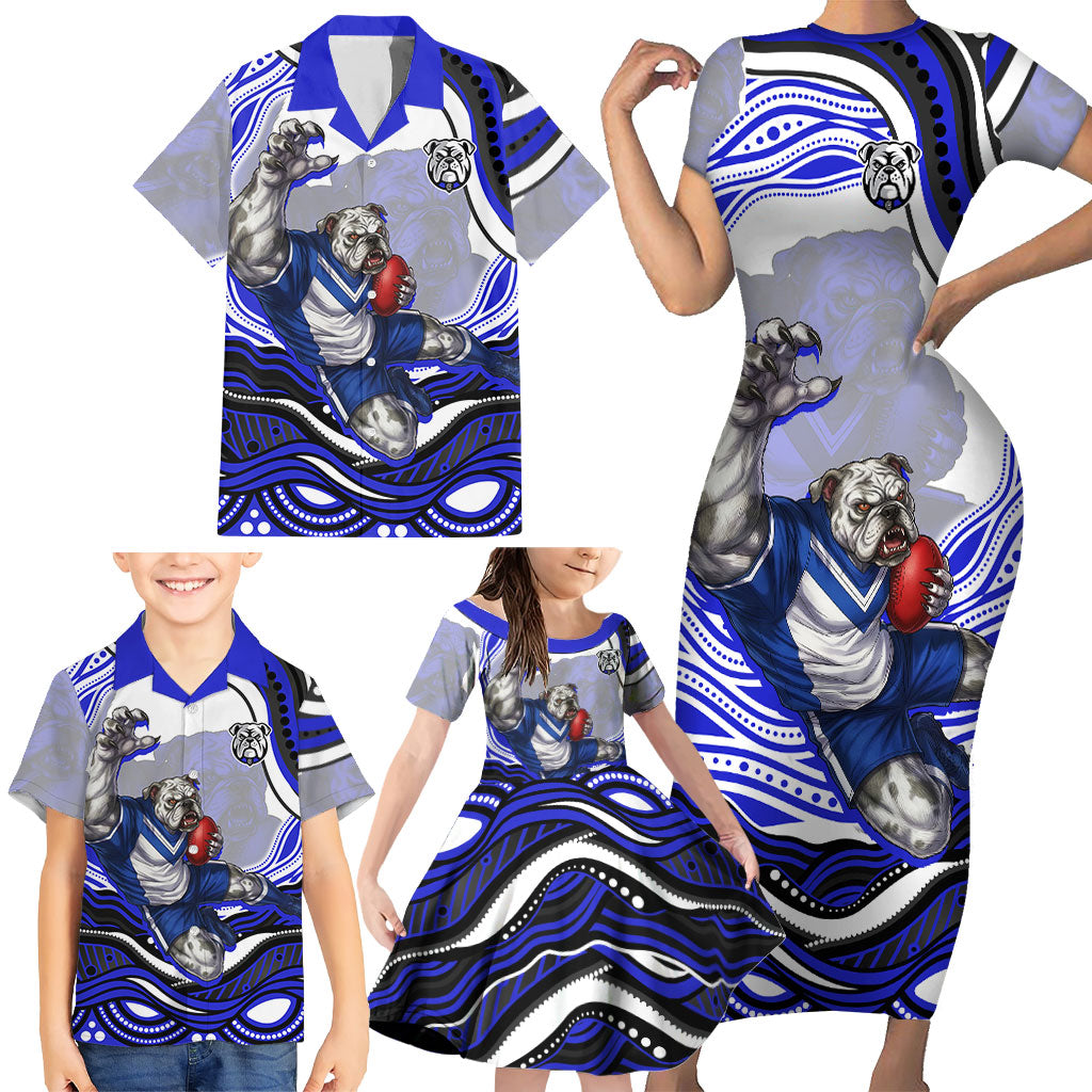 Personalized Canterbury Bankstown Bulldogs Family Matching Short Sleeve Bodycon Dress and Hawaiian Shirt Aboriginal Dot Art - Dreamtime Rugby Mascot