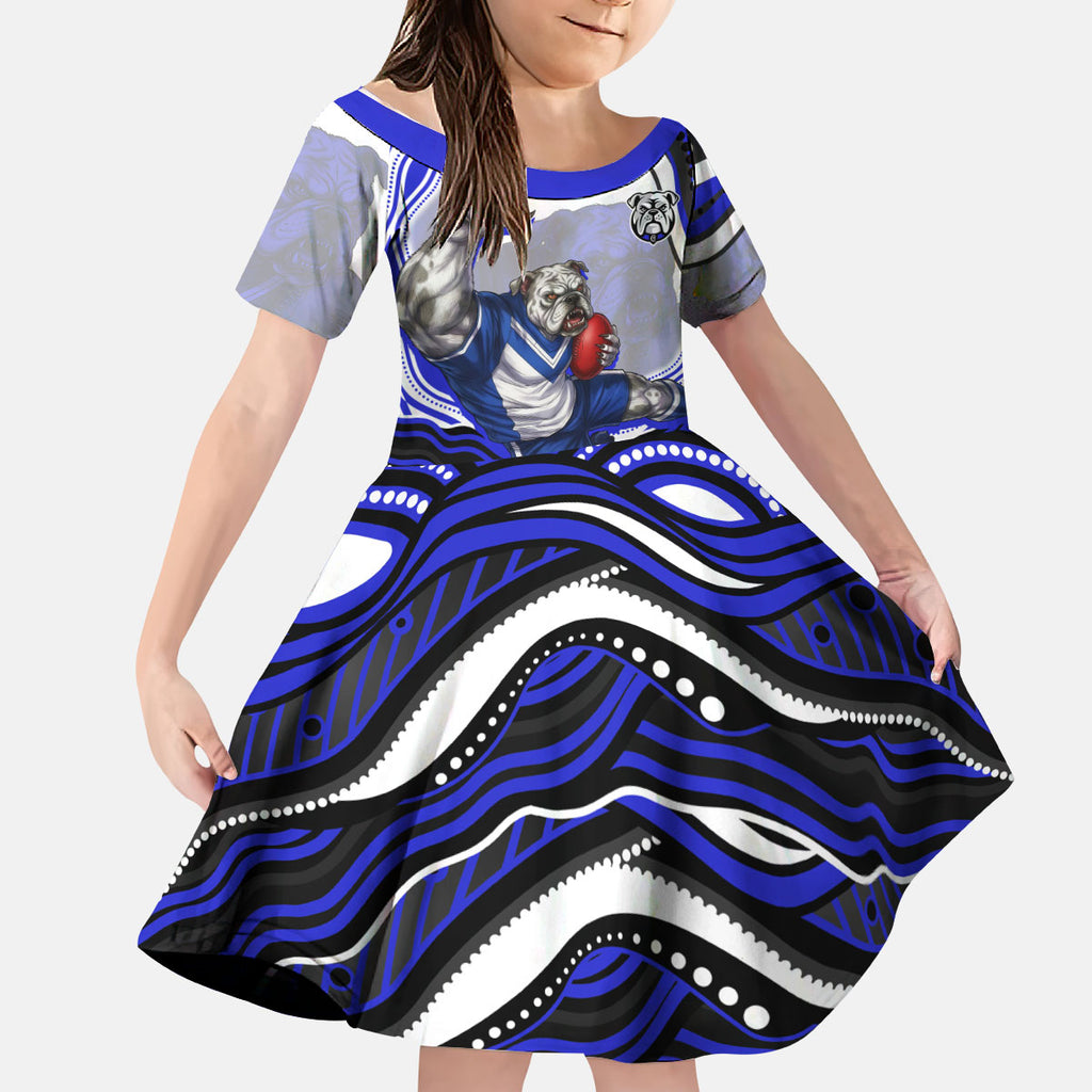 Personalized Canterbury Bankstown Bulldogs Kid Short Sleeve Dress Aboriginal Dot Art - Dreamtime Rugby Mascot