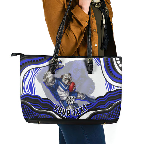 Personalized Canterbury Bankstown Bulldogs Leather Tote Bag Aboriginal Dot Art - Dreamtime Rugby Mascot