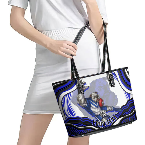 Personalized Canterbury Bankstown Bulldogs Leather Tote Bag Aboriginal Dot Art - Dreamtime Rugby Mascot