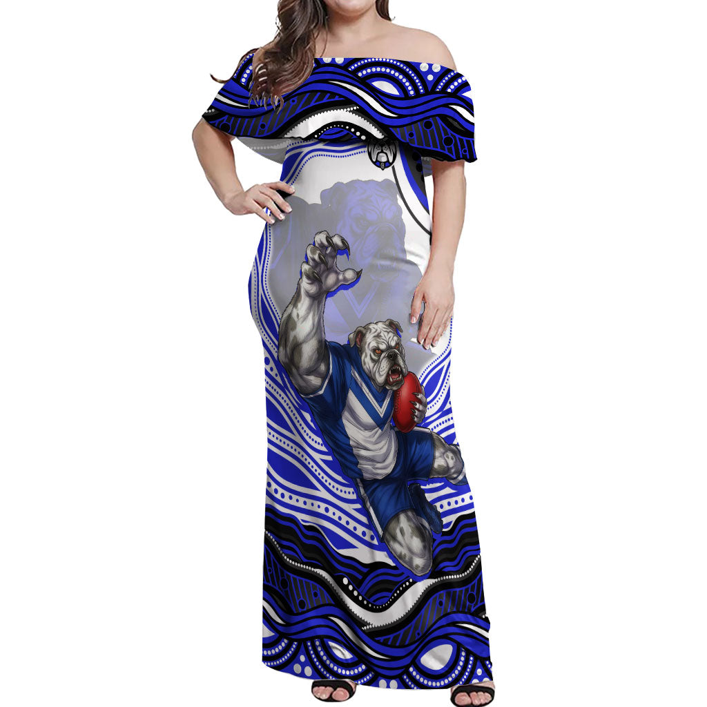 Personalized Canterbury Bankstown Bulldogs Off Shoulder Maxi Dress Aboriginal Dot Art - Dreamtime Rugby Mascot