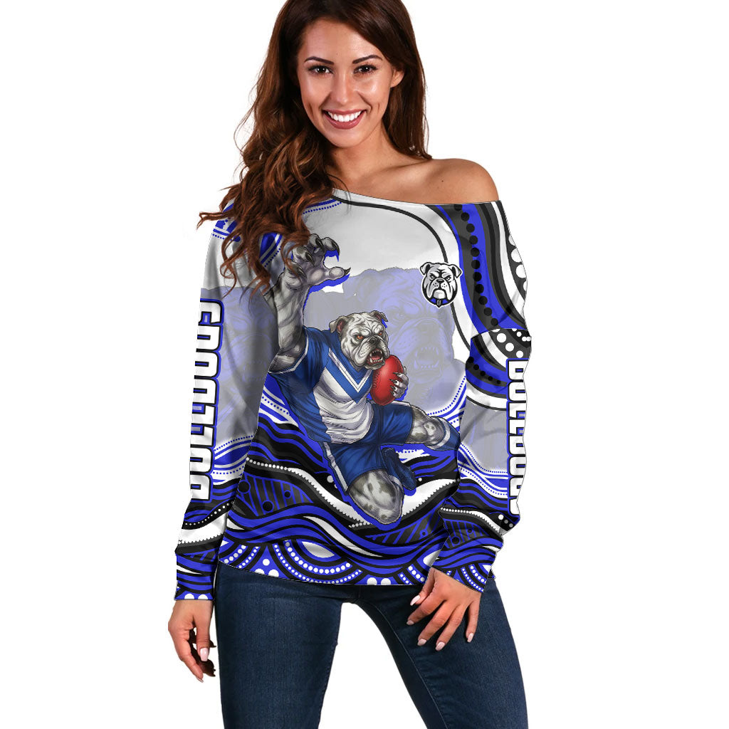 Personalized Canterbury Bankstown Bulldogs Off Shoulder Sweater Aboriginal Dot Art - Dreamtime Rugby Mascot