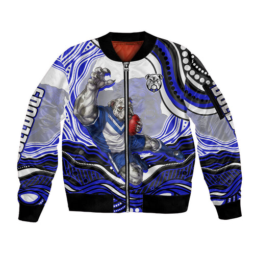 Personalized Canterbury Bankstown Bulldogs Sleeve Zip Bomber Jacket Aboriginal Dot Art - Dreamtime Rugby Mascot