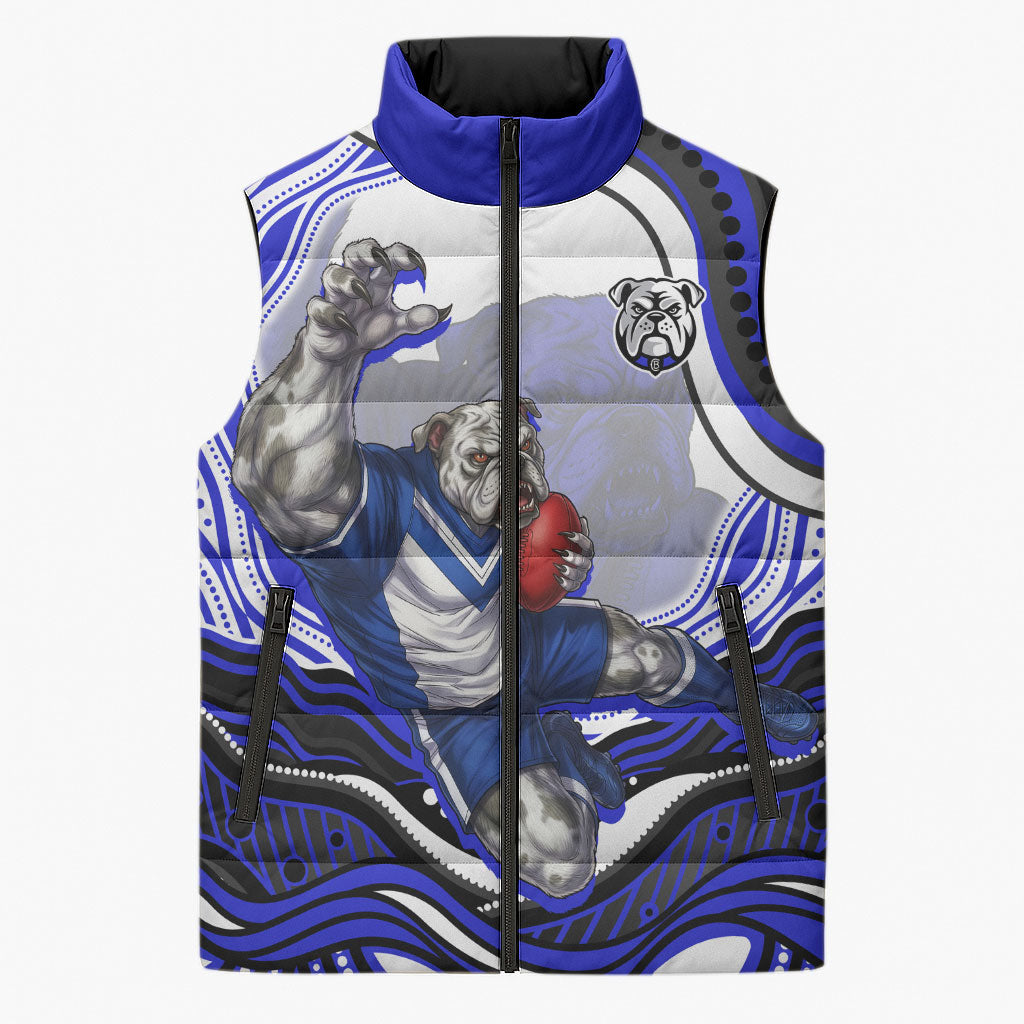 Personalized Canterbury Bankstown Bulldogs Sleeveless Puffer Jacket Aboriginal Dot Art - Dreamtime Rugby Mascot