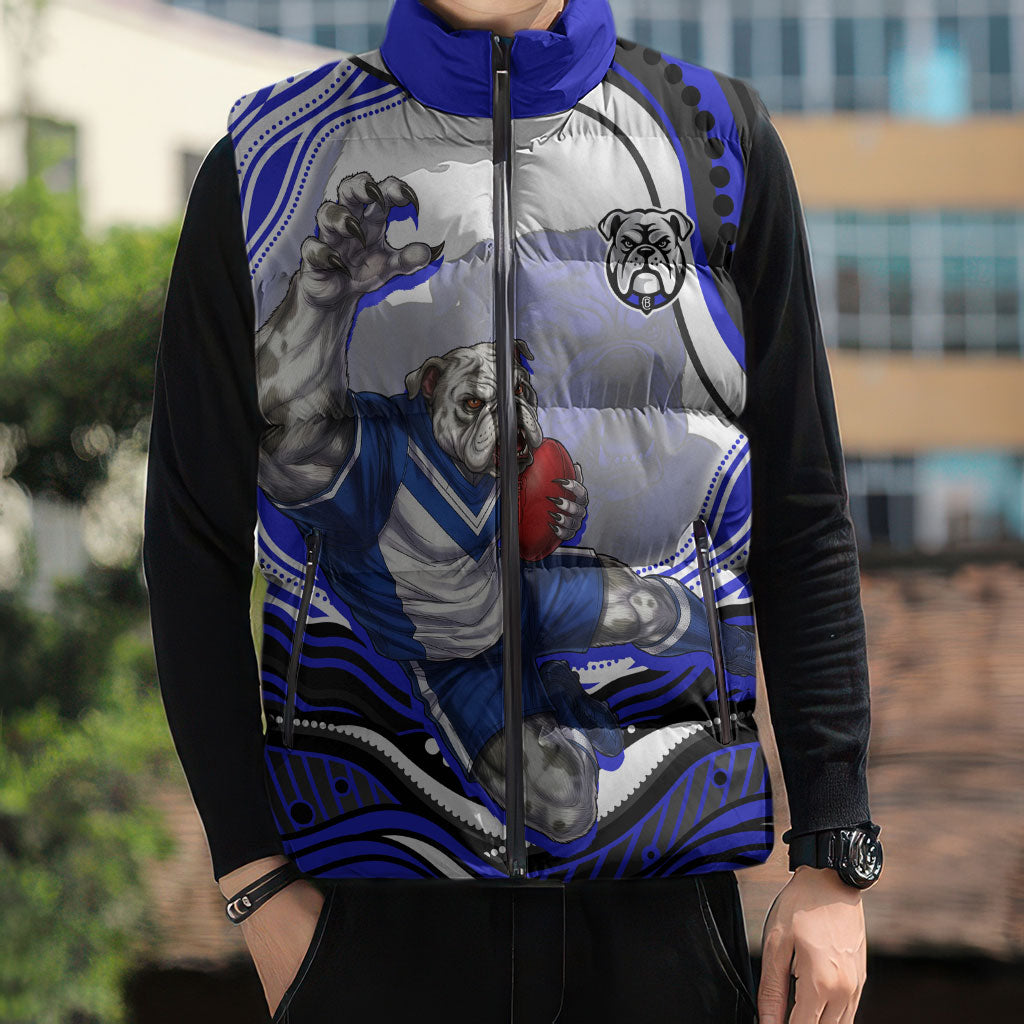Personalized Canterbury Bankstown Bulldogs Sleeveless Puffer Jacket Aboriginal Dot Art - Dreamtime Rugby Mascot