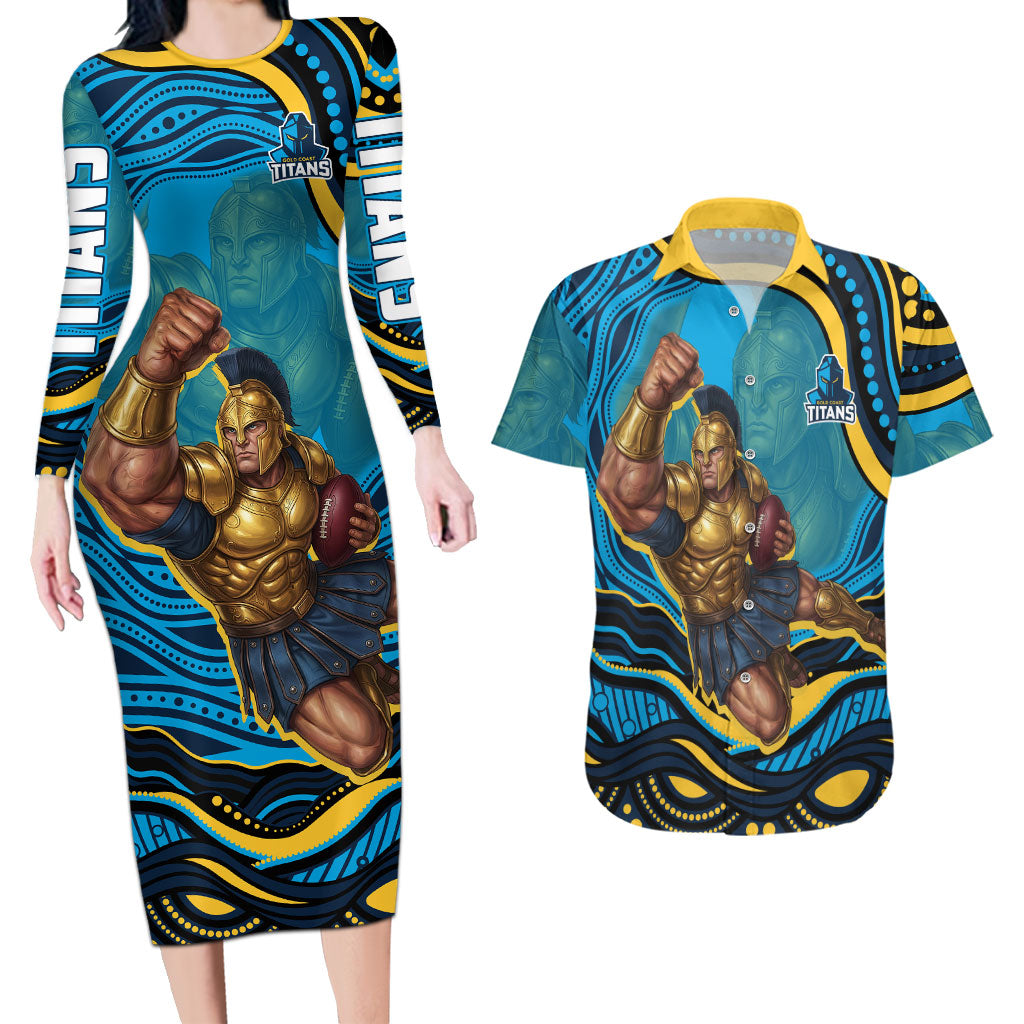 Personalized North Queensland Cowboys Couples Matching Long Sleeve Bodycon Dress and Hawaiian Shirt Aboriginal Dot Art - Dreamtime Rugby Mascot