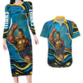 Personalized North Queensland Cowboys Couples Matching Long Sleeve Bodycon Dress and Hawaiian Shirt Aboriginal Dot Art - Dreamtime Rugby Mascot