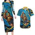 Personalized North Queensland Cowboys Couples Matching Long Sleeve Bodycon Dress and Hawaiian Shirt Aboriginal Dot Art - Dreamtime Rugby Mascot