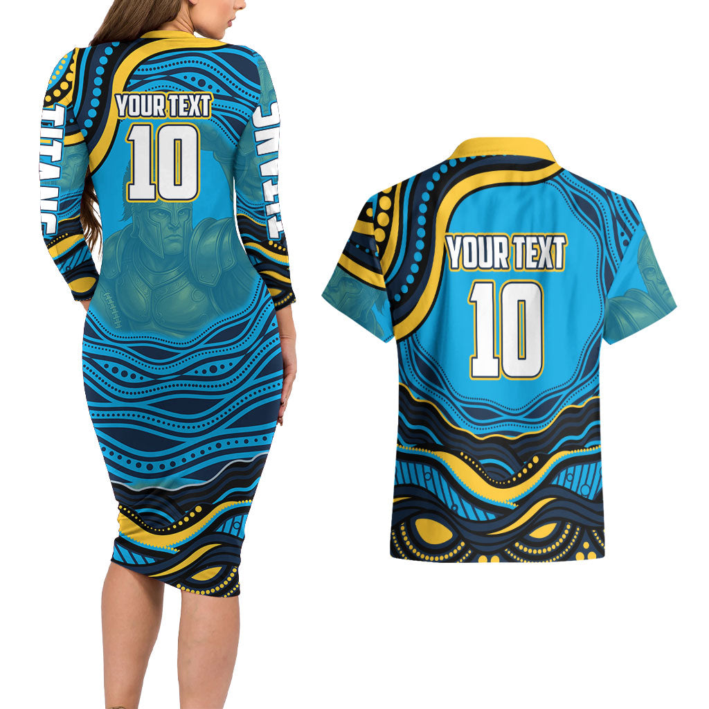 Personalized North Queensland Cowboys Couples Matching Long Sleeve Bodycon Dress and Hawaiian Shirt Aboriginal Dot Art - Dreamtime Rugby Mascot