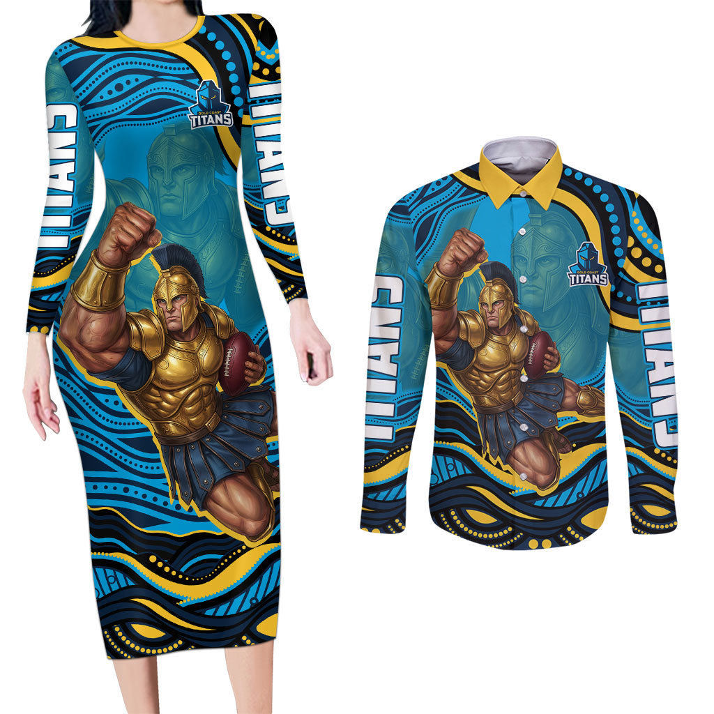 Personalized North Queensland Cowboys Couples Matching Long Sleeve Bodycon Dress and Long Sleeve Button Shirt Aboriginal Dot Art - Dreamtime Rugby Mascot
